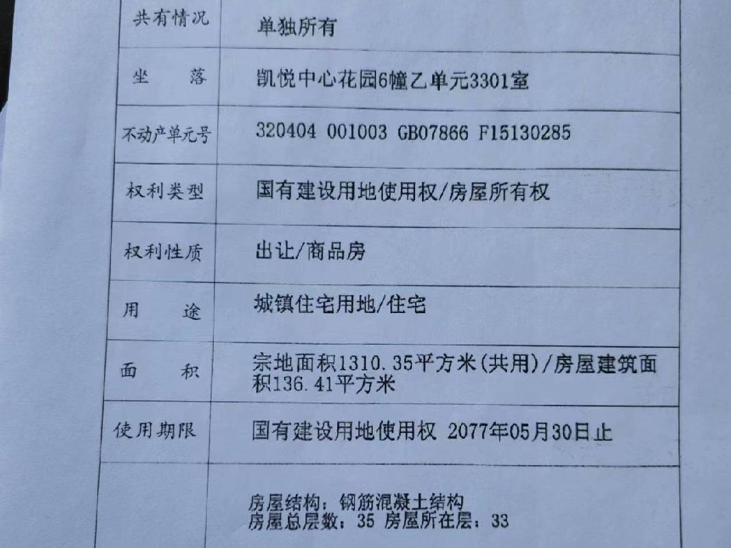常州市凯悦中心花园6幢乙单元3301室
