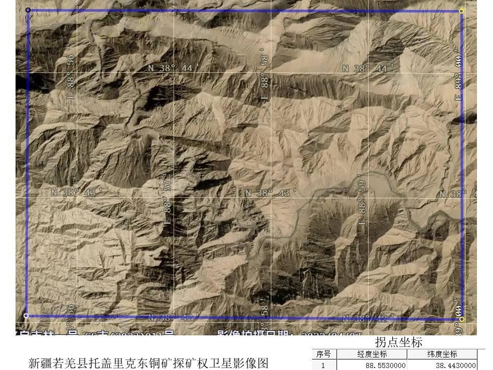 新疆八钢国贸金属材料有限责任公司转让位于新疆若羌县托盖里克东铜矿勘探探矿权(国资监测编号GR2024XJ1000054)