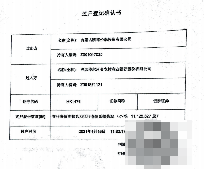 内蒙古农村商业银行股份有限公司巴彦淖尔临河区支行持有的股权转让项目单独询价
