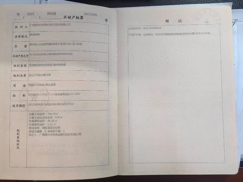 西林县八达镇鲤城新区福宁佳苑第F3栋1层109号商铺转让公告