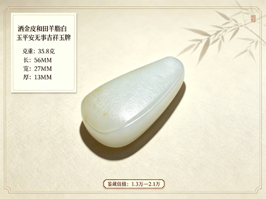 洒金皮和田羊脂白玉平安无事吉祥玉牌