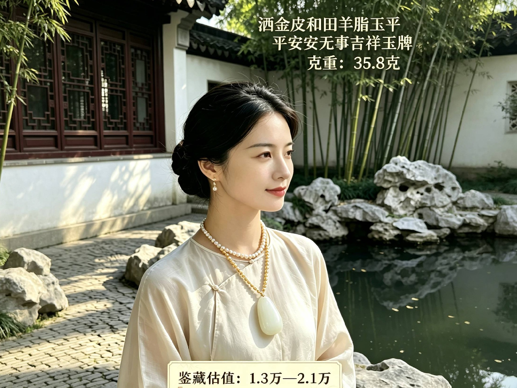 洒金皮和田羊脂白玉平安无事吉祥玉牌