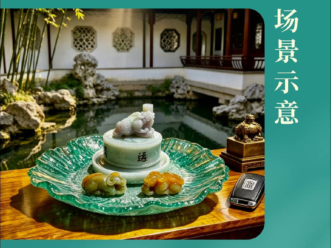 紫罗兰春带彩磨盘翡翠 紫罗兰春带彩衔铜钱吸金金蟾 全家福红翡绿翠如意卧牛一对 玉雕风水局摆件