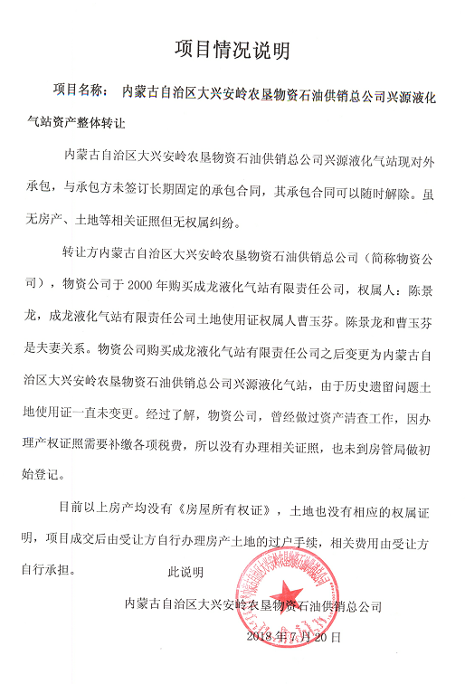 呼伦贝尔鄂伦春自治旗大杨树镇兴源液化气站房地产及设备交易公告